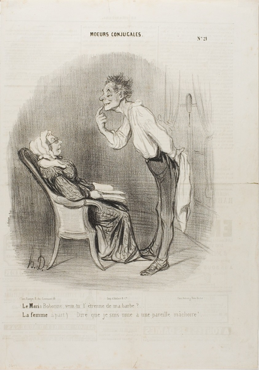 Husband: “My dear, how about a first kiss on my chin?” The wife (aside): “To think that I am married to this face!,” plate 21 from Moeurs Conjugalesa
