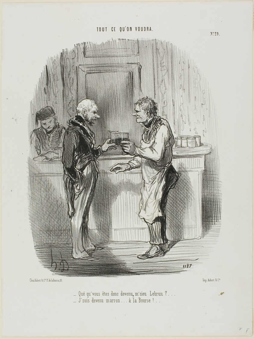 “- Whatever became of you, Mr. Brown? - I became an unlicensed broker at the Stock Exchange...,” plate 29 from Tout Ce Qu'on Voudra