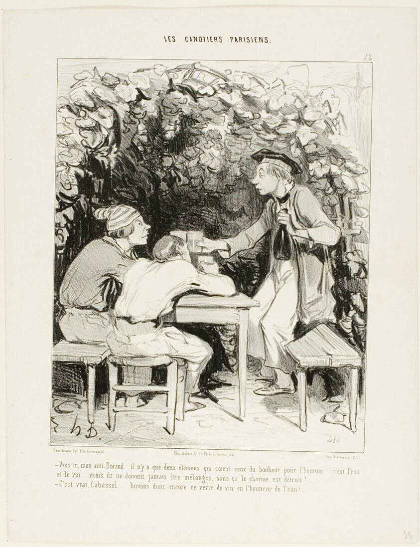 “- You see, my friend Durand.... there are only two important components of happiness for a man: water and wine... but they must never be mixed, otherwise they lose their charm. - Quite right, Cabassol.... let's drink another glass of wine in honour of water!,” plate 12 from Les Canotiers Parisiens