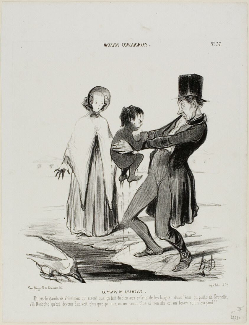 The Wells of Grenelle. “And these scoundrels of chemists are claiming that it is good for children to bathe in the wells of Grenelle! Here is Dodolphe who has turned more green than an apple.... one hardly knows whether he is a lizard or a toad,” plate 37 from Moeurs Conjugales