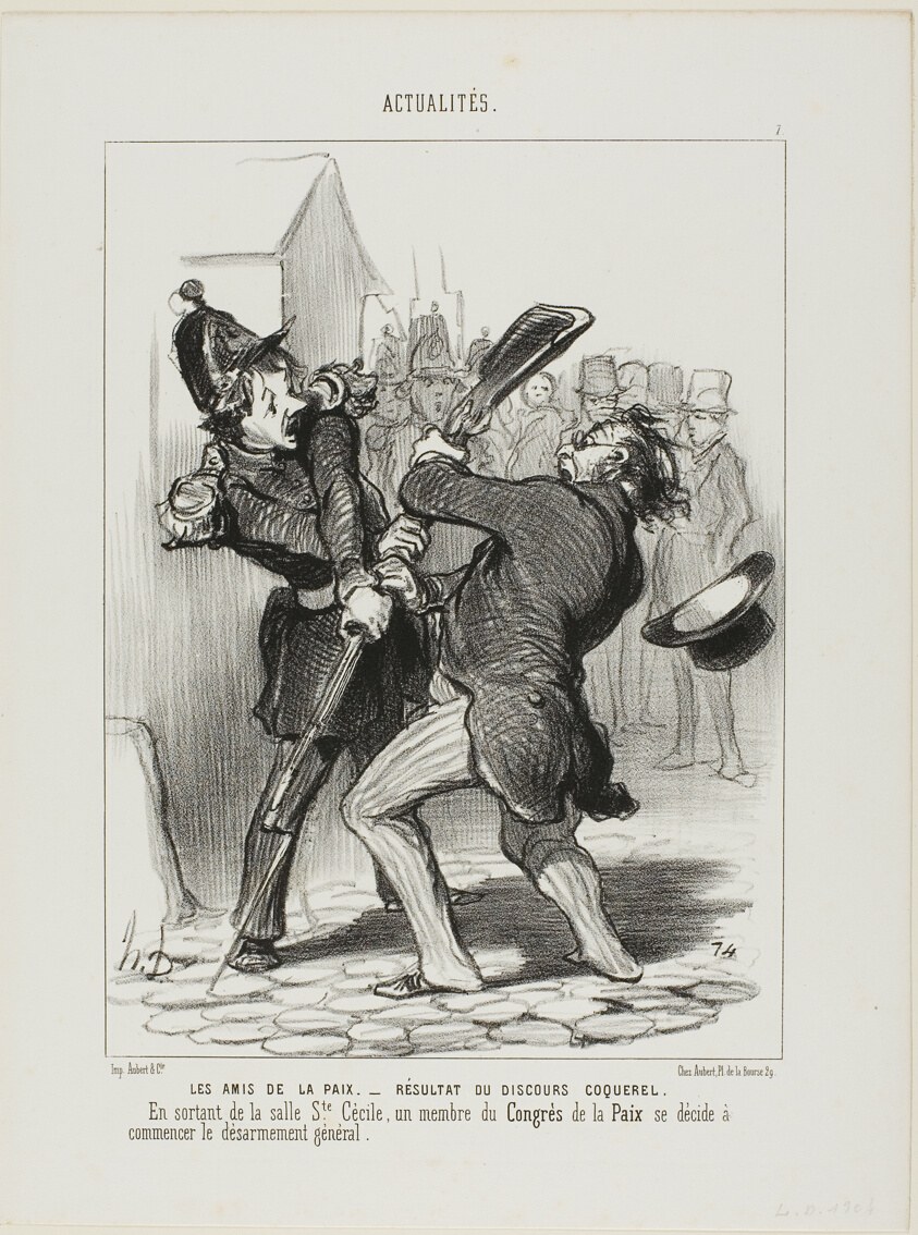 The Friends of Peace - Result of a Speech By Coquerel. On leaving the ward of Saint Cécilia, a member of the peace congress decided to start general disarmament, plate 7 from Actualités