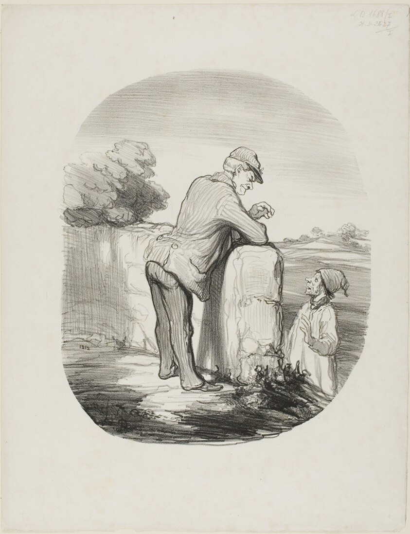 “- Tell me, mayor, what are communists? - You know, Pierre, communists are people who want to have everything in common with every Frenchman: the money, the work, and the land. - Well, in my opinion there is one thing they seem to be lacking: common sense,” plate 42 from Tout Ce Qu'on Voudra