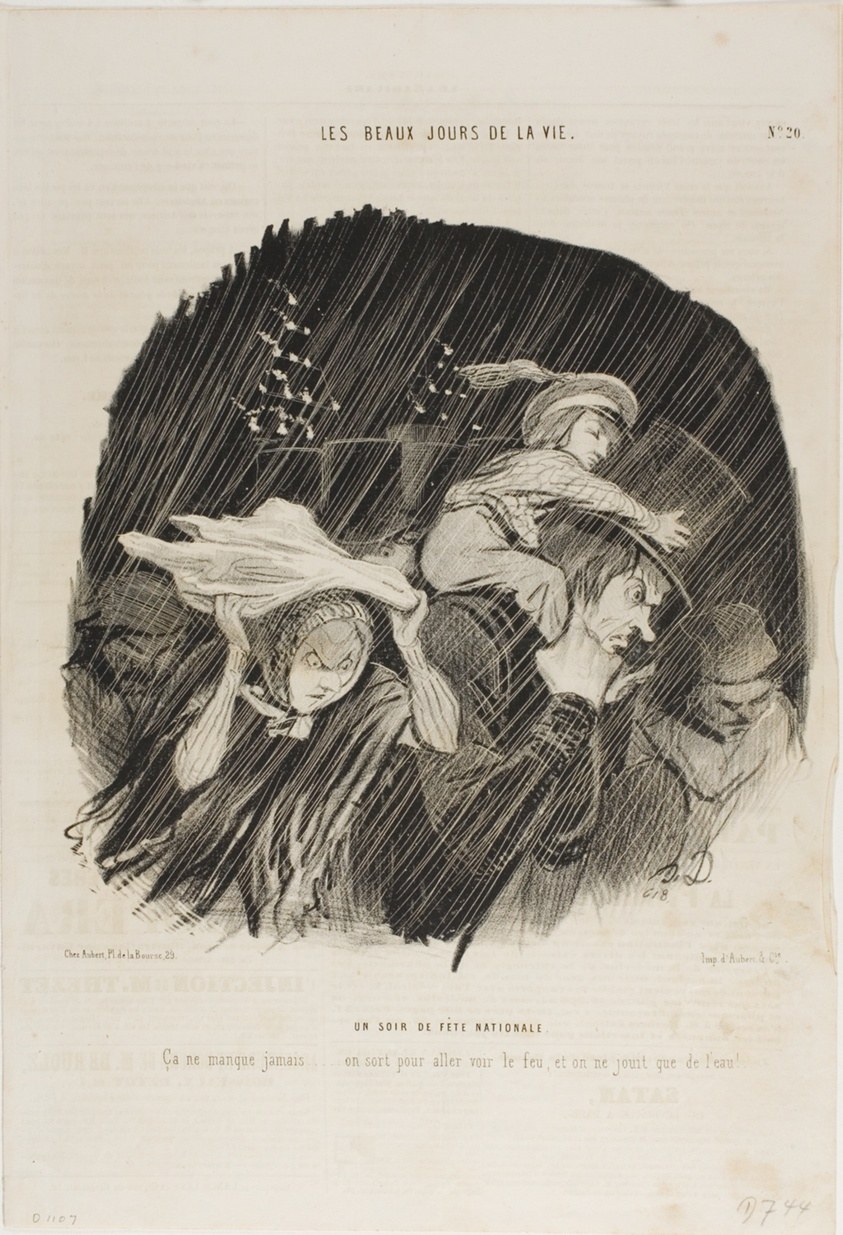 The Evening of the National Holiday. It never fails... you go out to see the fireworks, and all you get is waterworks!, plate 20 from Les Beaux Jours De La Vie