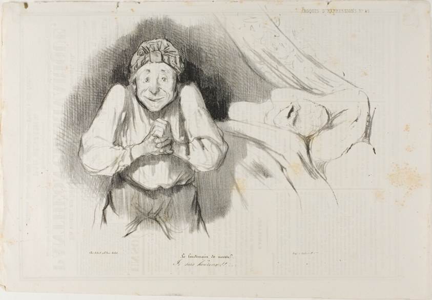 Abuse of article 214 of the civil law. “My lady wife, you let me want for everything, you only allow me a miserable pension of three thousand francs, you throw me out of your door like a beggar, and, what is more, you want to drive me away from Paris, exile me, deport me!... No! No! I won't leave France! I won't! I won't!!... Listen, I owe my friend Bertrand 10'000 Fr., it's a gambler's debt, a debt of honor, I owe my cook 525 Fr. and ten francs for my chambers, a total of 10'535 Fr. Let me have a few thousand francs more to take my mind off my domestic worries and, on my word of honor, I won't pester you any longer,” plate 50 from Caricaturana