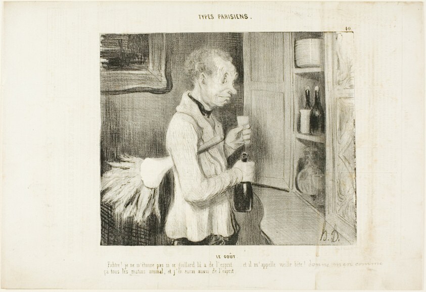The Taste. “Wow! I am not surprised any more why this fellow is so spirited... and he calls me an old beast! Let me have one of these every morning, and I will be full of spirit too,” plate 40 from Types Parisiens