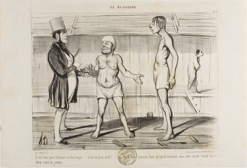 “It's important for a man to know how to swim. He is not doing so badly for a start. You could think it's a fish, at least while he is attached to the cord. But he'll learn it… he is still young!,” plate 5 from Les Baigneurs