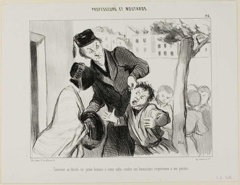 How to Convince a Young Man to Finally Learn to Pay his Respects to his Parents, plate 26 from Professeurs et Moutards (Professors and Rascals)