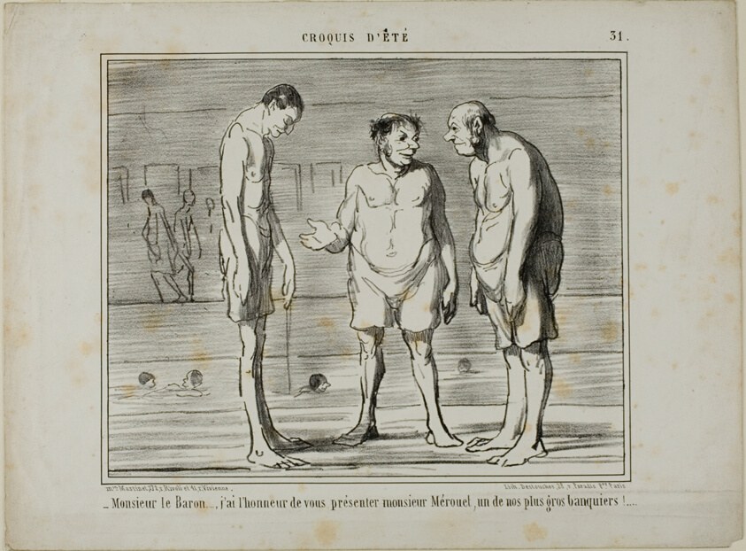 “- Baron, I have the honor of introducing you to Mr. Mérouel, one of our biggest bankers… - Baron, I have the honor of introducing you to Mr. Cascaret, one of our biggest shareholders,” plate 31 from Croquis D'été