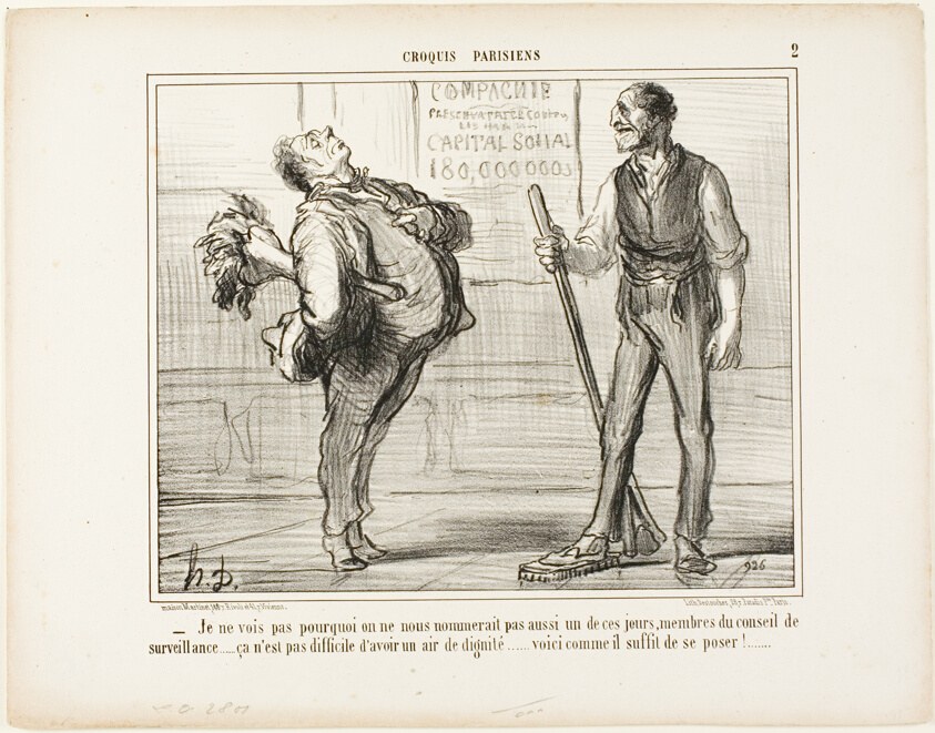 “- I really don't see why we shouldn't be nominated members of the surveillance council one of these days..... after all it isn't that difficult to look dignified... how about a pose like this?,” plate 2 from Croquis Parisiens