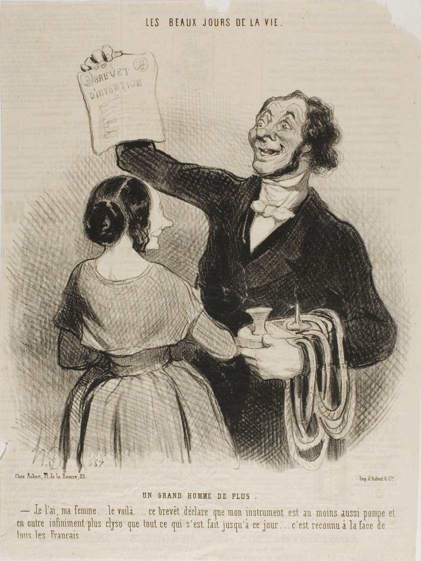 Another Great Man. “I have it in my hand, my dear... here it is in writing.... this document confirms that my invention is a well-pumped and infinitely more clysterized machine than anything invented thus far... all Frenchmen must accept that,” plate 36 from Les Beaux Jours De La Vie