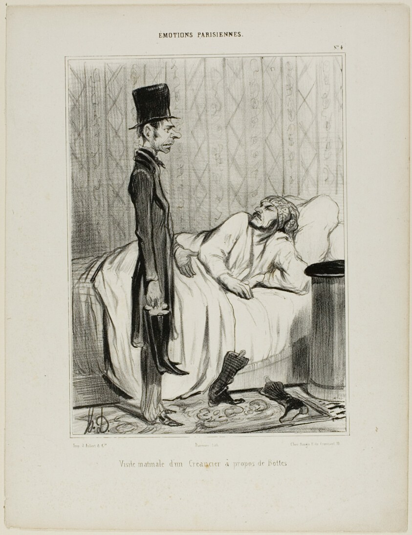 Early morning visit of a creditor concerning the boots, plate 4 from Émotions Parisiennes