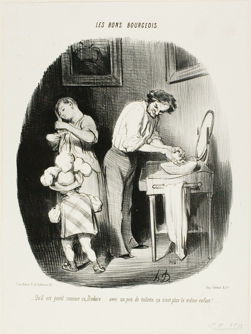 “- Isn't he cute like that, Dodore... with a little bit of cleaning up, he is just not the same child any more!...,” plate 37 from Les Bons Bourgeois