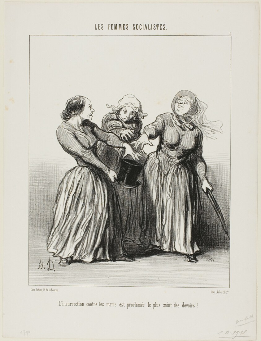 Insurrection against husbands is proclaimed as being the first and holiest duty in life!, plate 1 from Les Femmes Socialistes