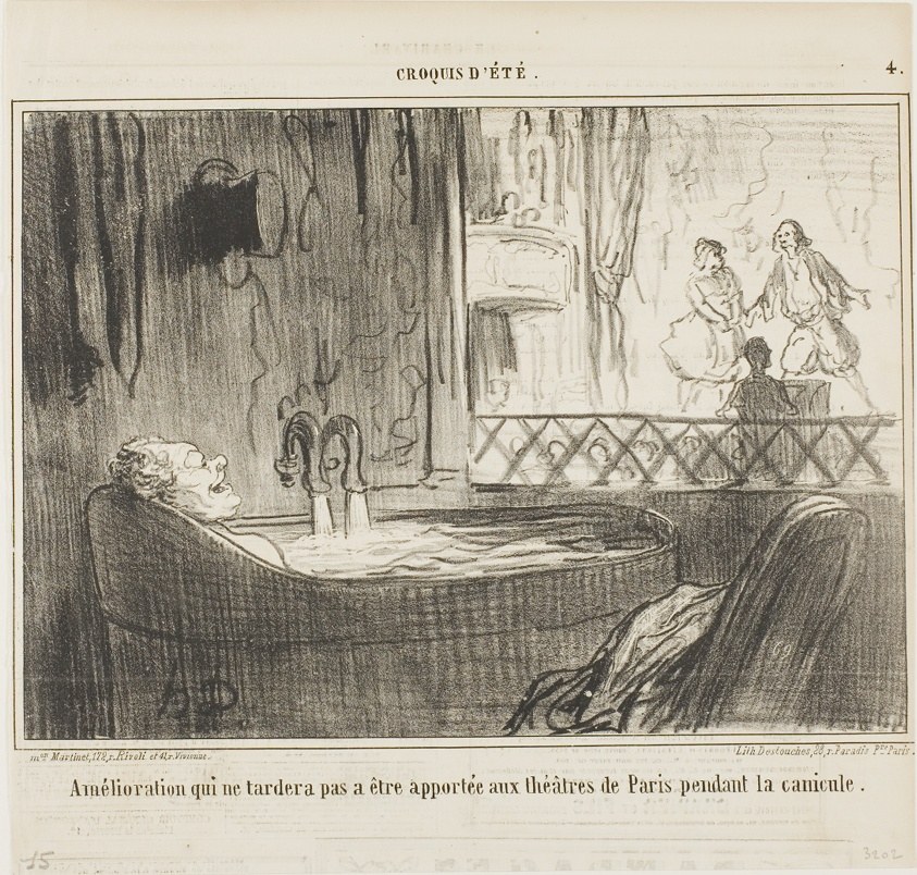 Proposal for improvement for the theatres in Paris, which will not fail to have its effect during the dog days, plate 4 from Croquis d’Été
