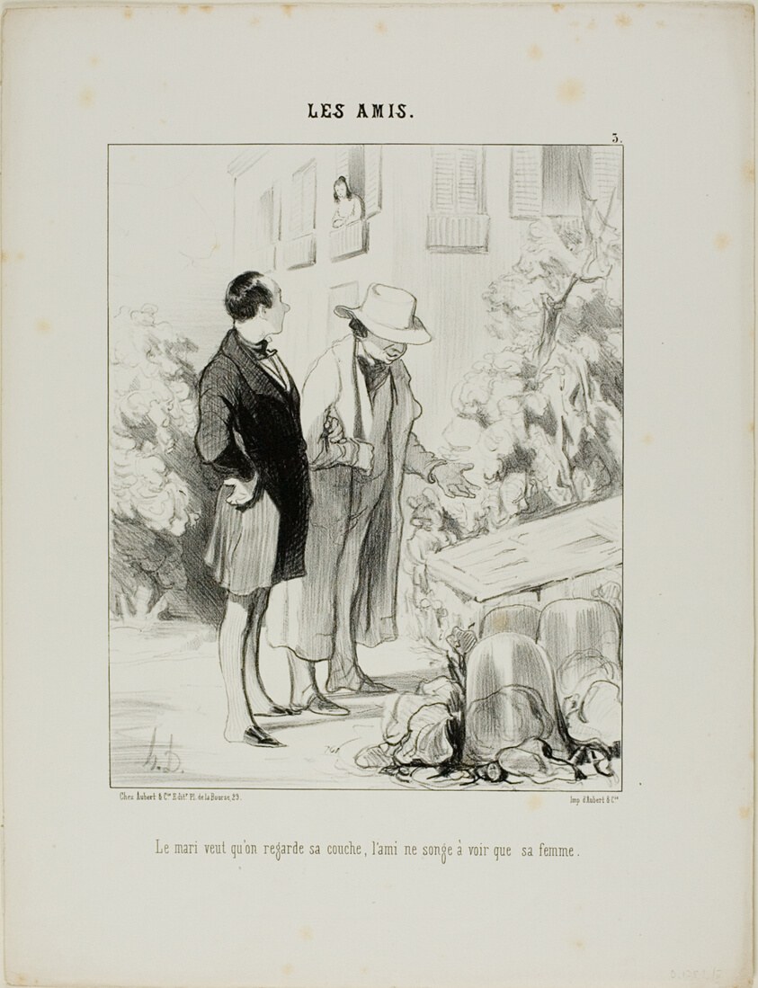 The husband wants him to look at his hot-bed, the friend only dreams of seeing his wife, plate 3 from Les Amisa