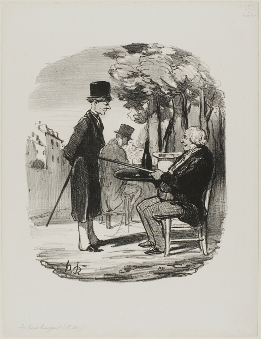 "- You are not having your bottle of beer with us this evening... I can tell you are having a private dinner party today, you scoundrel...," plate 81 from Les Bons Bourgeois