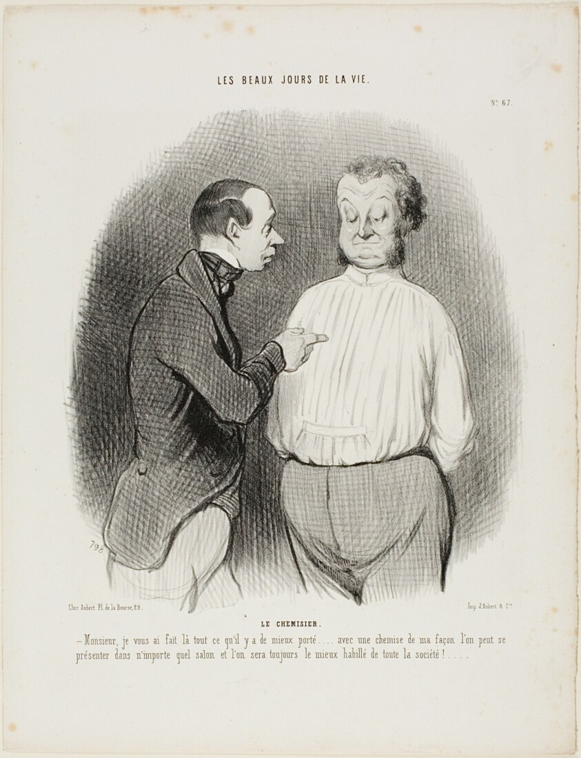 The Shirt Maker. “Sir, I have tailored here for you the best that is presently available..... with a shirt of my making one can present oneself in no matter what Salon and one will always be the best dressed man of the party,” plate 67 from Les Beaux Jours De La Vie