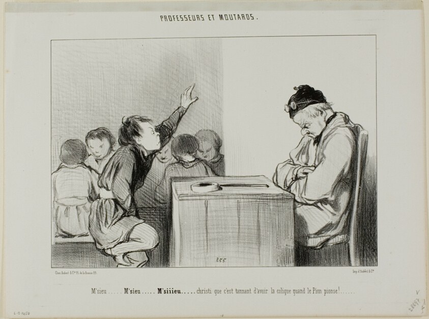 “Sir . . . Sir . . . Siiir . . . Christ, it’s annoying to have the runs when the supervisor is supervising!,” plate 13 from Professors and Rascals