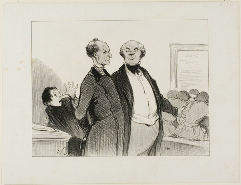 “- As you can see, Monsieur, I have enforced in my school perfectly good discipline. You cannot imagine to what extent I succeeded implanting in these young scholars a deep sentiment of respect towards their teacher,” plate 23 from Professeurs Et Moutards