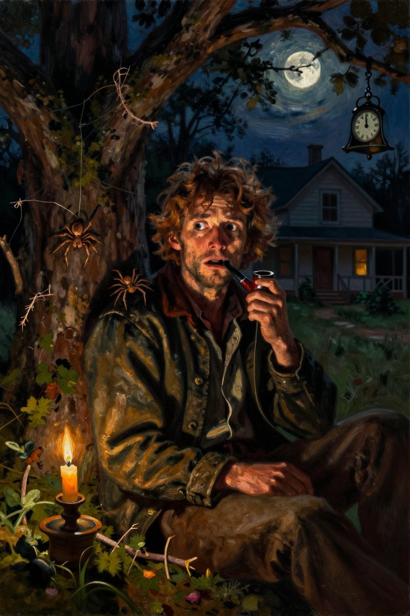 In the dim, still twilight of a moonless night, the man sits hunched against the trunk of an old oak tree, his chestnut hair tousled and eyes wide.