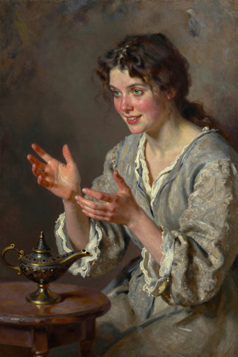 The man's green eyes sparkle with excitement, his simple clothing rustling slightly as he leans closer to the woman, gesturing animatedly with both hands to emphasize each point.