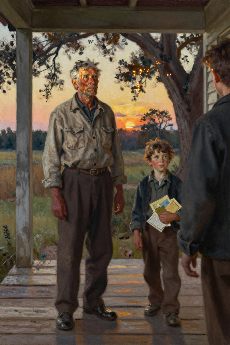 A weathered old man, gray hair and weather-beaten face, stocky build, brown eyes, pale complexion stands on a weathered porch, his gray eyes fixed on the horizon.