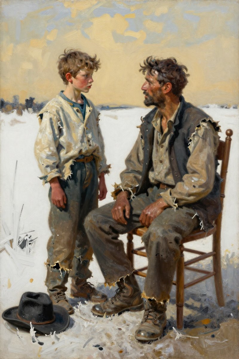 A young boy, the man, with tousled brown hair and an earnest expression stands before a man in his late forties.