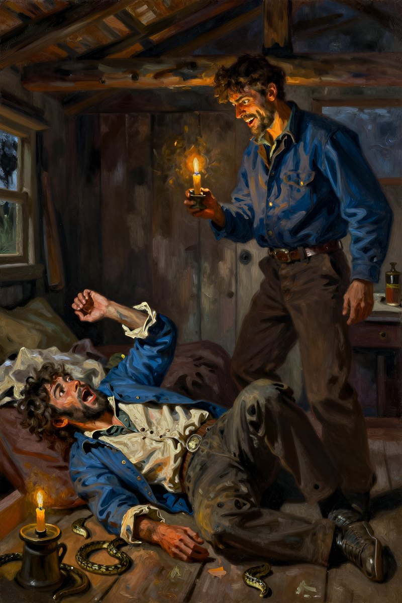 Pap thrashes wildly around the dimly lit cabin, his eyes wild and frantic.