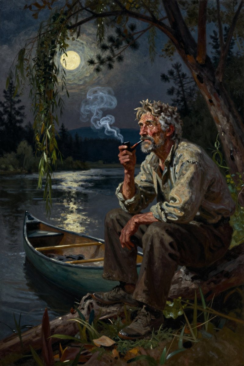 Darkness falls over the river, and a weathered old man, gray hair and weather-beaten face, stocky build, brown eyes, pale complexion sits on a willow branch, his weather-beaten.