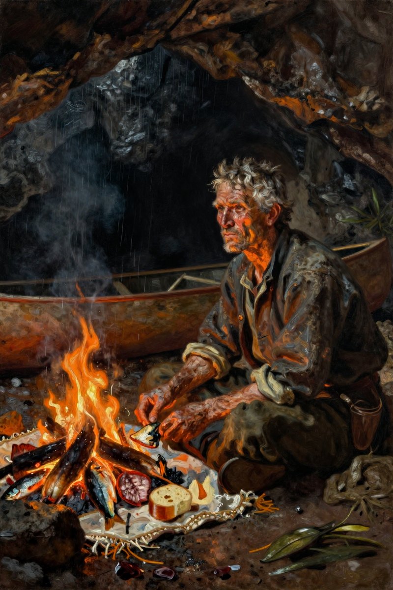 A weathered old man, gray hair and weather-beaten face, stocky build, brown eyes, pale complexion, gazing off to one side.