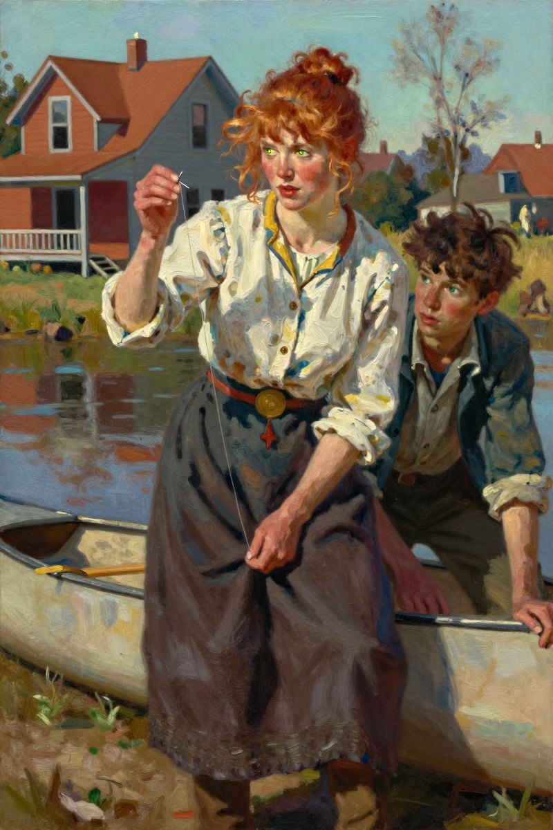 Sarah, the red-headed woman with lit-up eyes and a radiant face stands by her uncle's house on the riverbank.