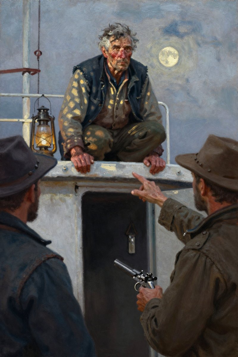 A weathered old man, gray hair and weather-beaten face, stocky build, brown eyes, pale complexion, gazing off to one side.