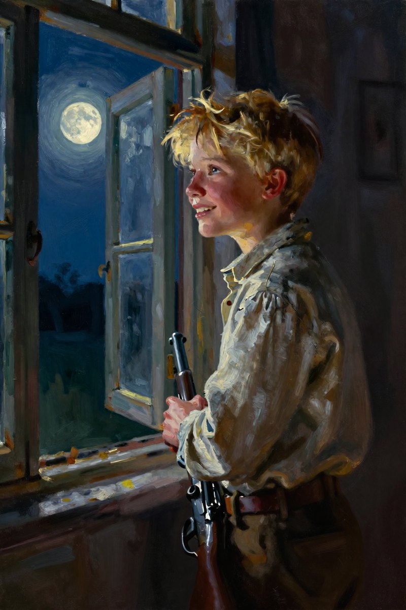 A young boy, around thirteen or fourteen, with golden blond hair and a determined look stands near the window.