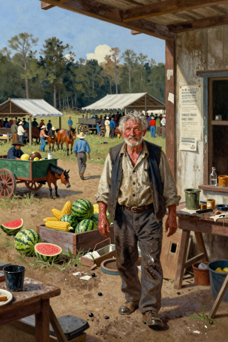 A weathered old man, gray hair and weather-beaten face, stocky build, brown eyes, pale complexion, his face bright with delight, gazing off to one side.