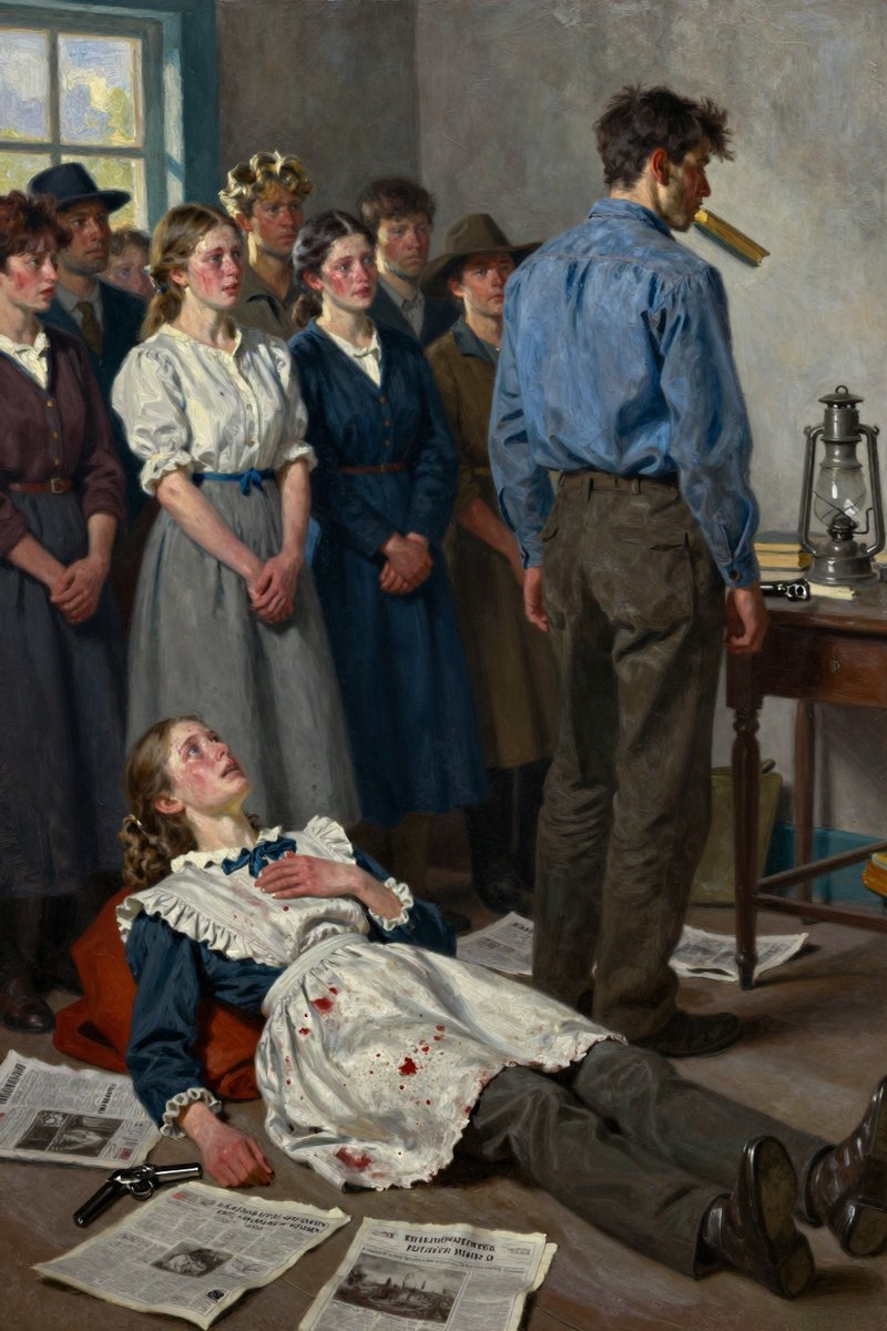 A young girl, about sixteen and very sweet-looking though pale with fear, cradles her father's lifeless body on a floor strewn with newspapers.
