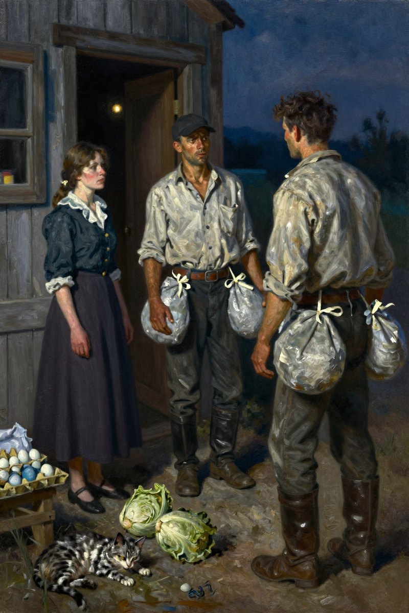 Beside him, the woman watches intently as men enter with bulging pockets or muffled packages.