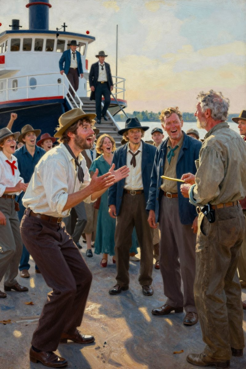 A crowd of people gathers in the public square, voices raised in excitement and laughter as a steamboat docks nearby.