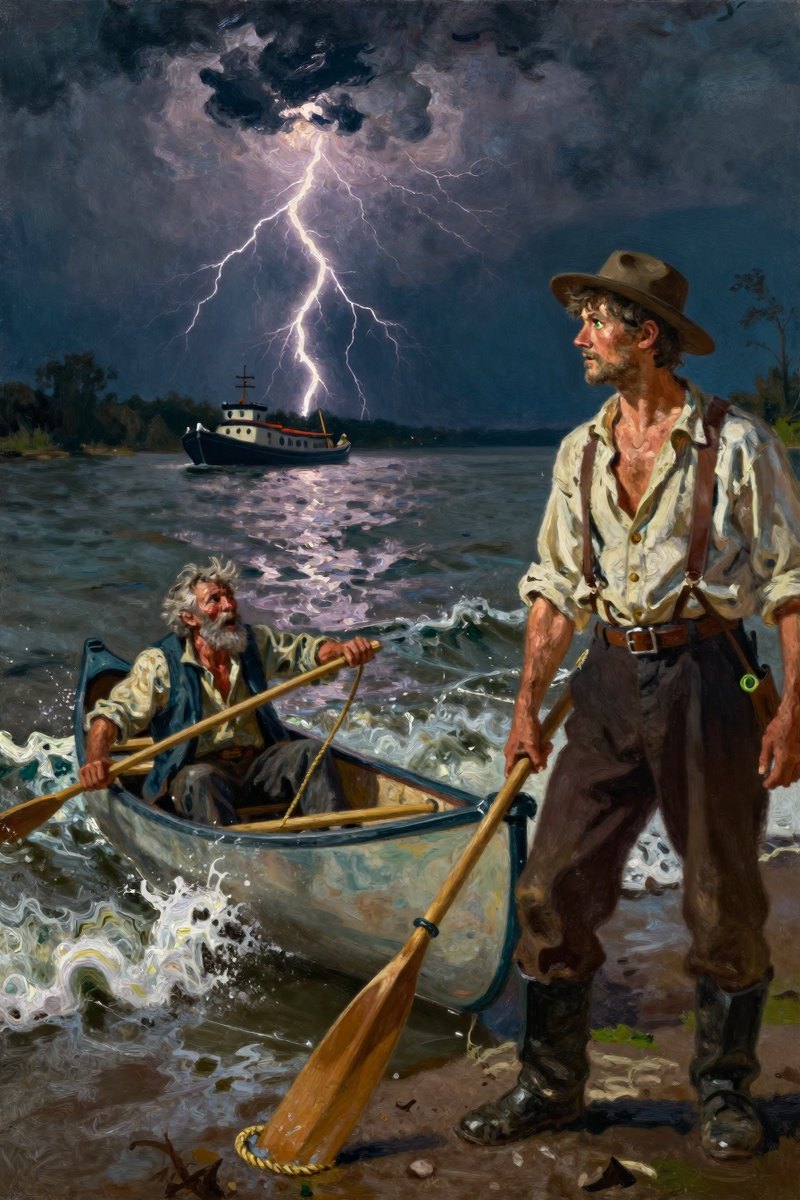 A stormy night envelops the Mississippi River, with lightning flashing intermittently.