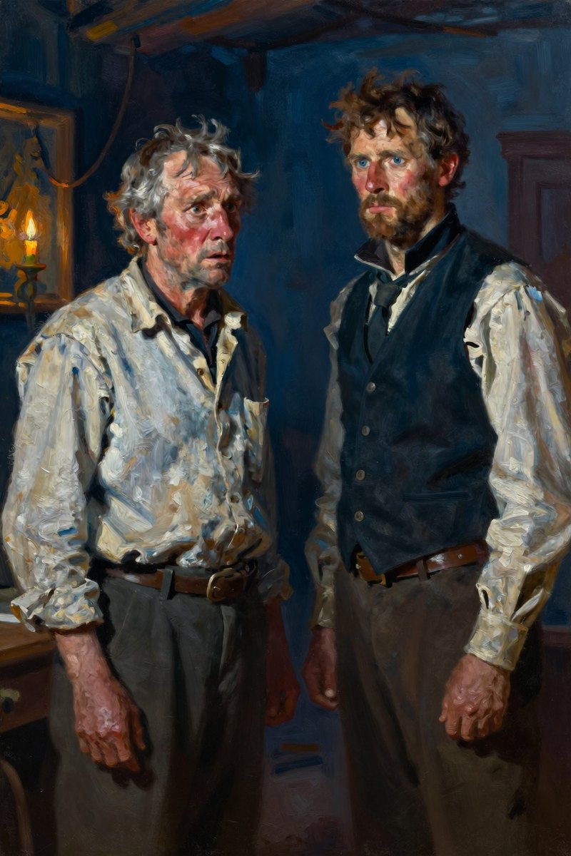 A weathered old man, gray hair and weather-beaten face, stocky build, brown eyes, pale complexion, his face tight with fear, eyes lowered in thought.