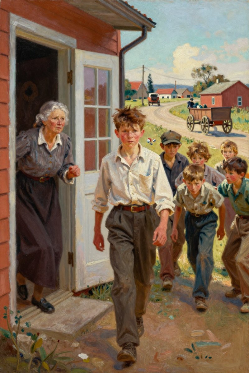 A thirteen-year-old boy in store clothes, chestnut hair tousled and determined face set with importance, strides confidently into the yard.