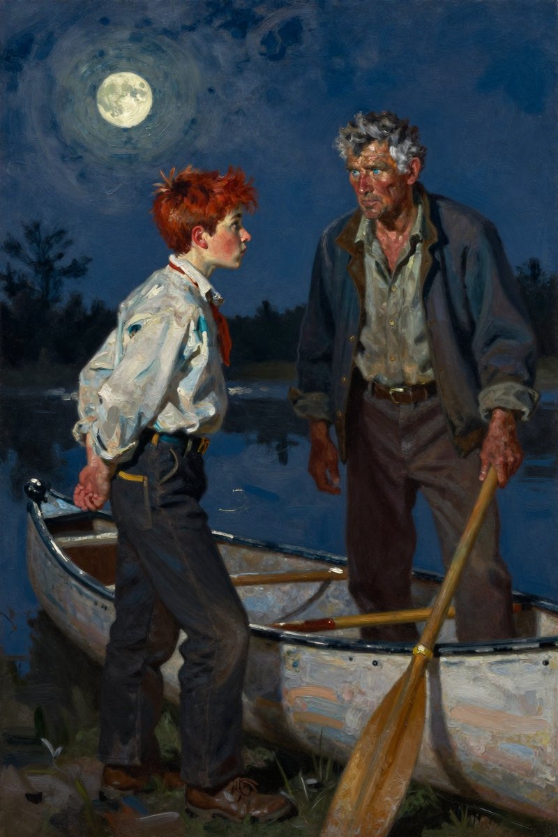 A youthful boy with wild chestnut hair and a determined face stands beside an older man, his gray-blue eyes fixed intently on the other.