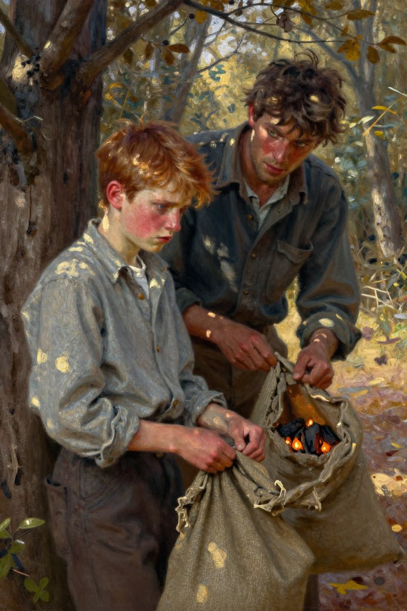 A thirteen-year-old boy, with wild chestnut hair, slight build, gray-blue eyes, rosy fair complexion, his face hard with anger, eyes lowered in thought.