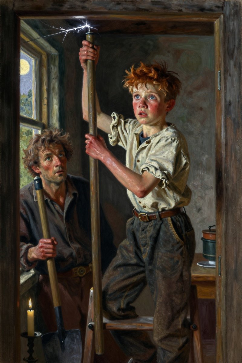 A thirteen-year-old boy, with wild chestnut hair, slight build, gray-blue eyes, rosy fair complexion, his face tight with fear, looking away from the viewer.