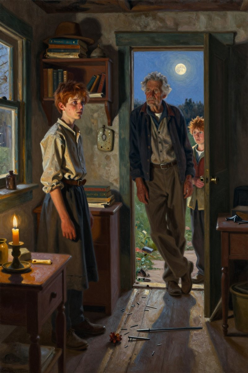 A thirteen-year-old boy, with wild chestnut hair, slight build, gray-blue eyes, rosy fair complexion, his face shining with grief, looking away from the viewer.