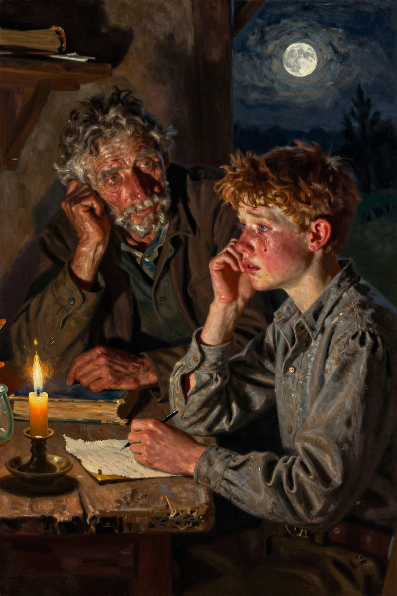 A thirteen-year-old boy, with wild chestnut hair, slight build, gray-blue eyes, rosy fair complexion, his face shining with grief, eyes on the others.