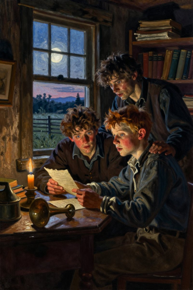 A thirteen-year-old boy, with wild chestnut hair, slight build, gray-blue eyes, rosy fair complexion, his face open with wonder, looking away from the viewer.