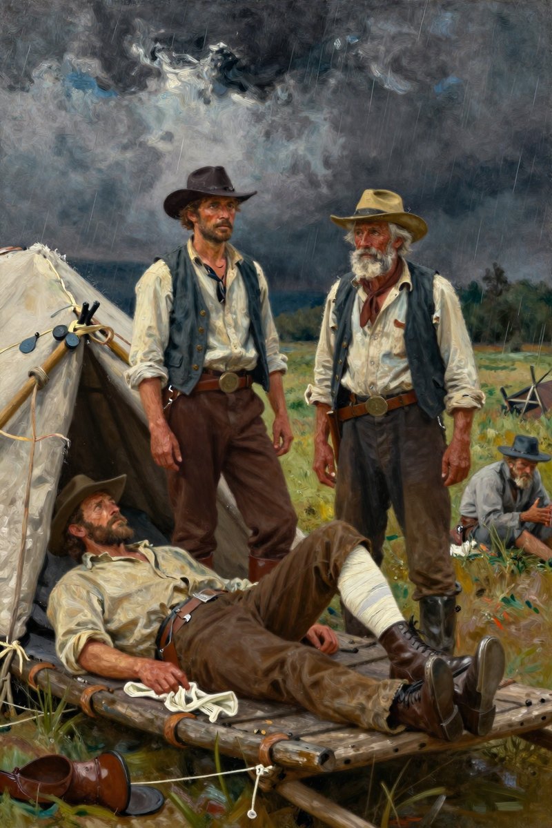 On the raft, the man stands beside an old man, both of them looking at a wounded rider lying in their wigwam.