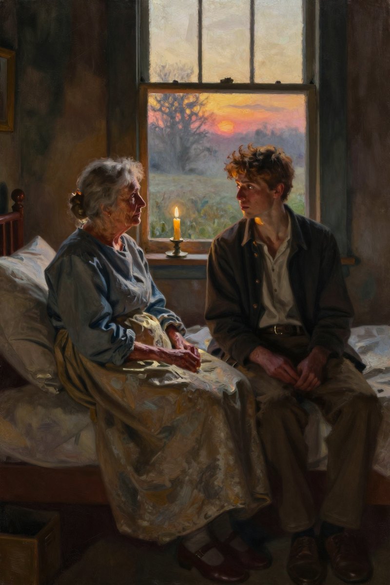 Sally, an elderly woman with gray hair and a kind face sits by the bedside of young the man, her simple dress now slightly rumpled from late-night vigil.