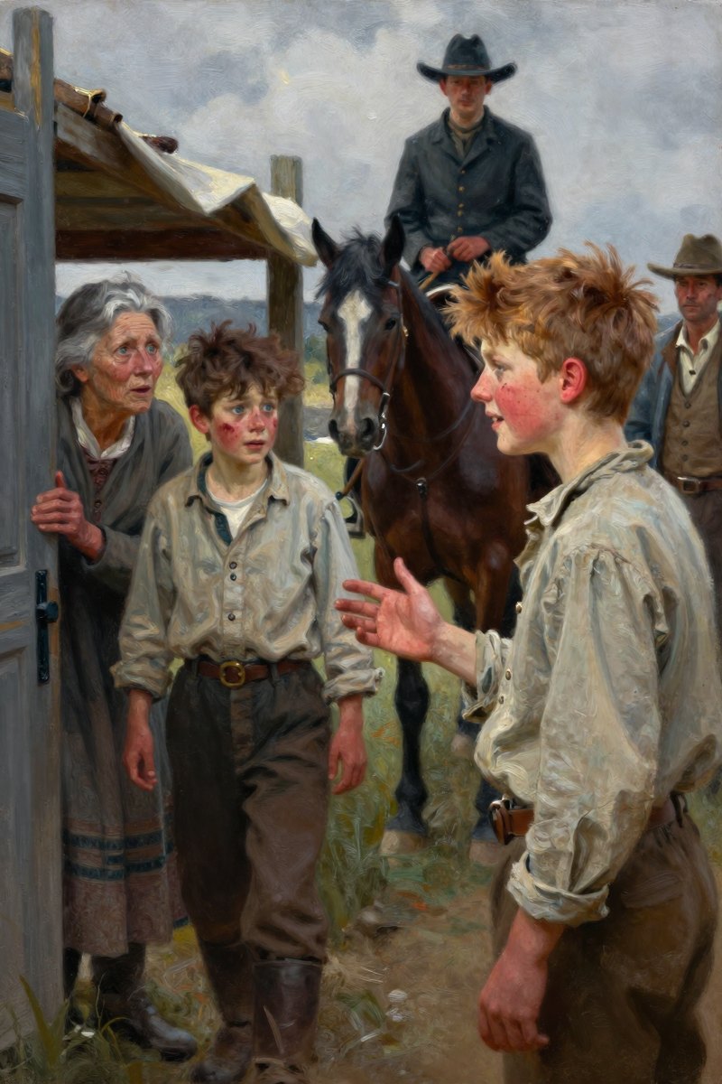 A thirteen-year-old boy, with wild chestnut hair, slight build, gray-blue eyes, rosy fair complexion, his face bright with delight, looking toward the other figure.