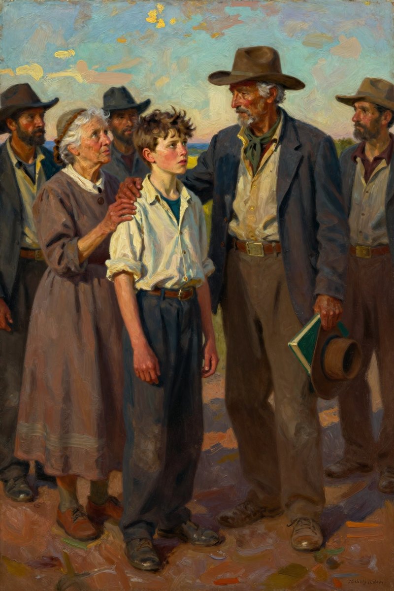 A young thirteen-year-old boy, the man with tousled brown hair and a fresh-faced expression, stands solemnly by an elderly woman with kind eyes wearing a simple dress.